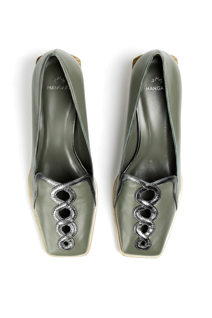 Cordía Olive Green Leather Loafers – Square Toe, 4cm Wooden Block Heel