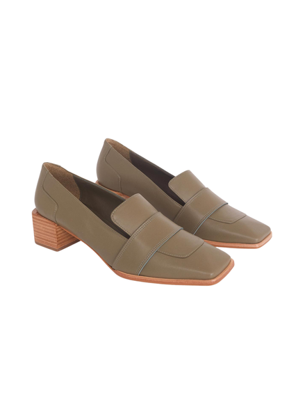 Louro Loafers in Olive Green Calf Leather – 4cm Block Heel
