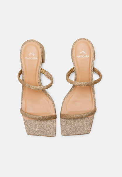 Maiate Gold Textile Mules – 4cm Low Block Heel