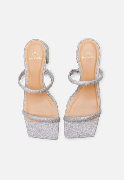Maiate Silver Textile Mules – 4cm Low Block Heel