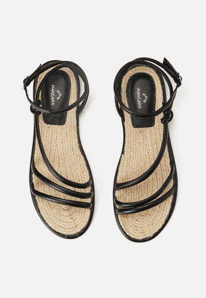Angico Black Leather Strappy Sandals – Flat, Raffia Footbed