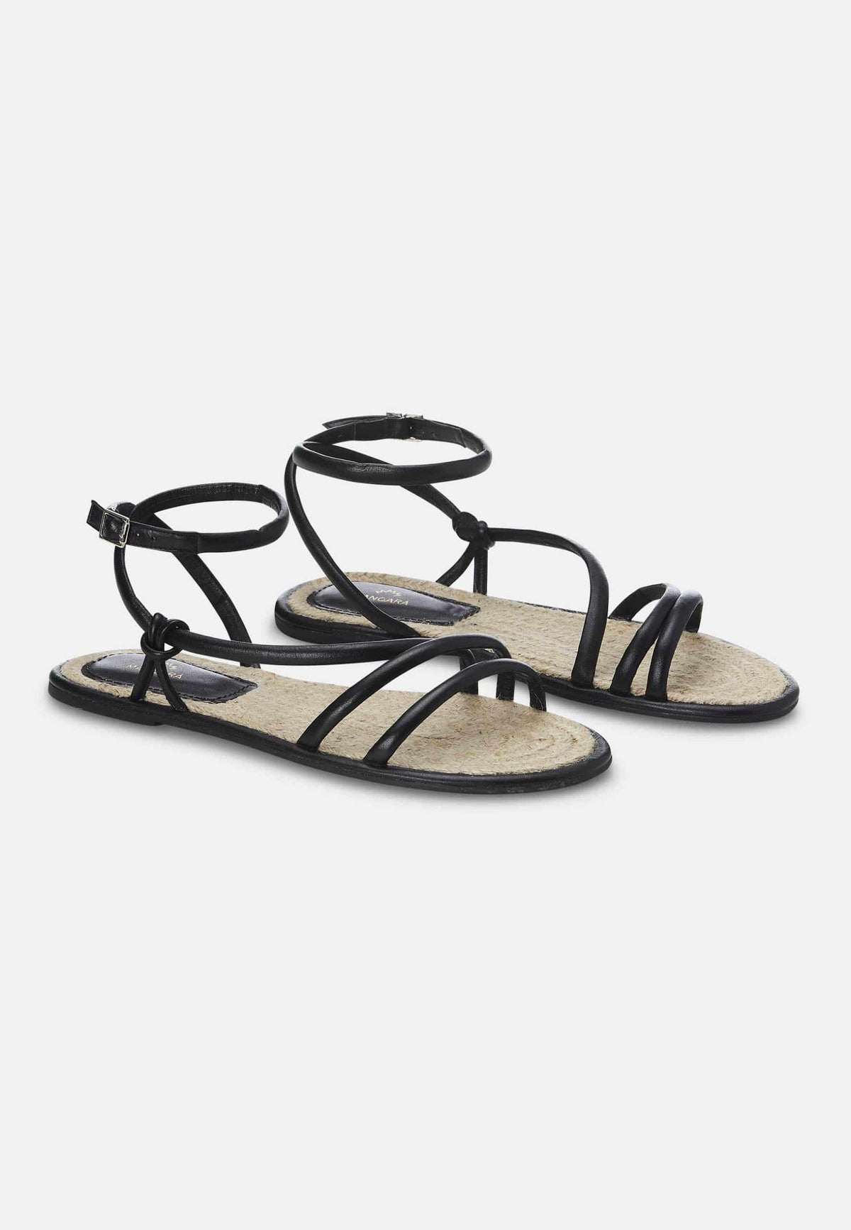Angico Black Leather Strappy Sandals – Flat, Raffia Footbed
