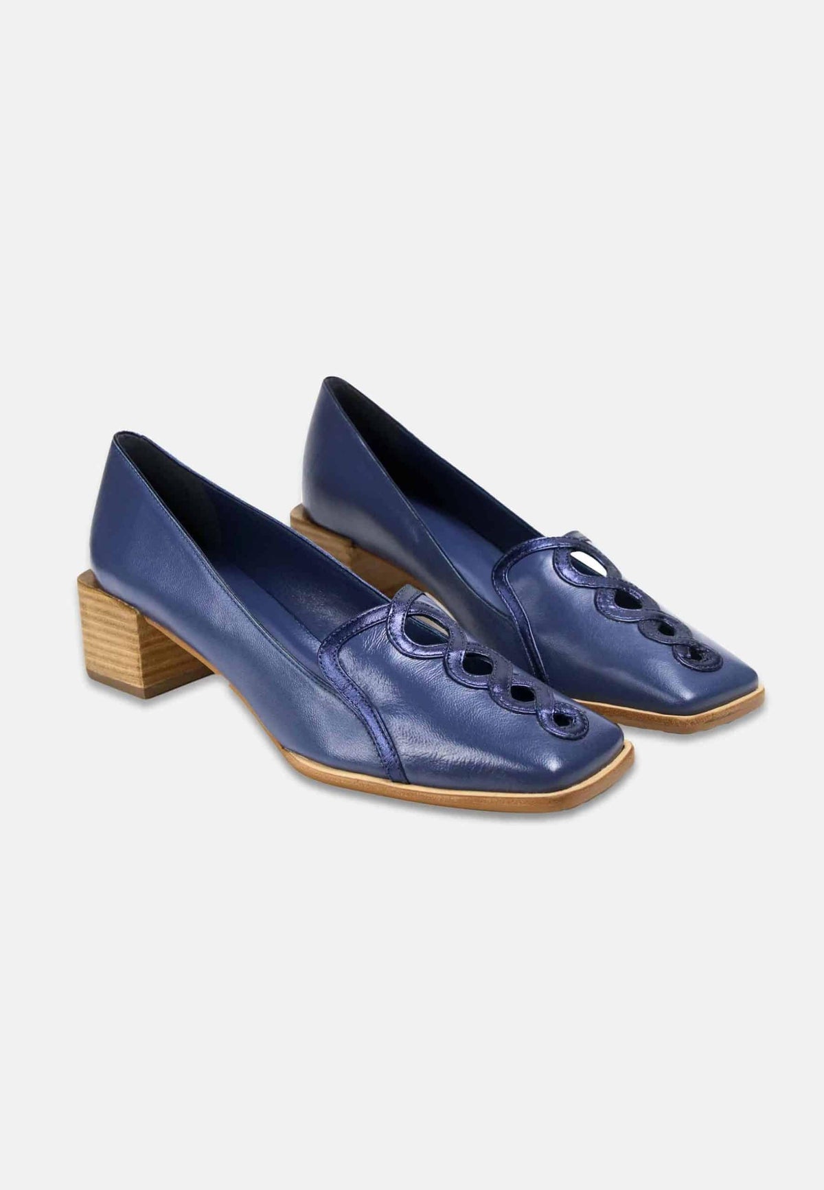 Cordía Navy Blue Leather Loafers – Square Toe, 4cm Wooden Block Heel