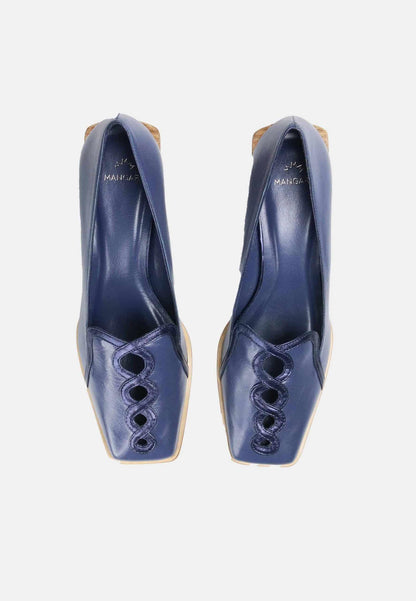 Cordía Navy Blue Leather Loafers – Square Toe, 4cm Wooden Block Heel