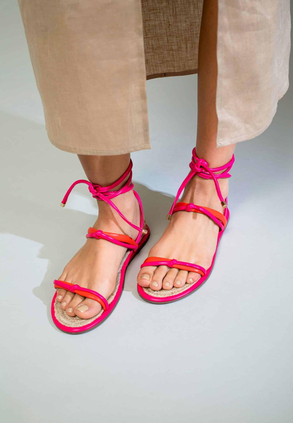 Urucum Pink Leather Lace-Up Sandals