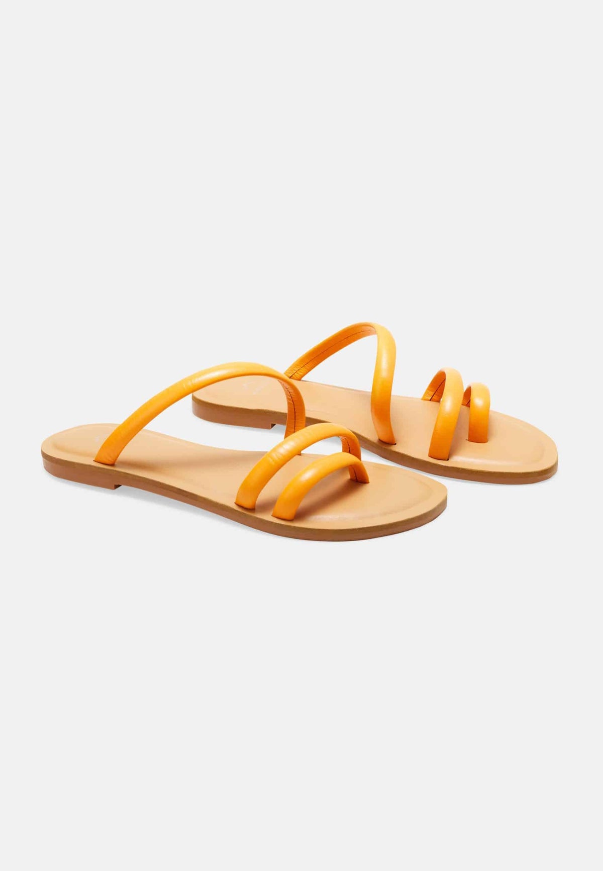Cacau Orange Leather Three-Strap Slide Sandals – Flat