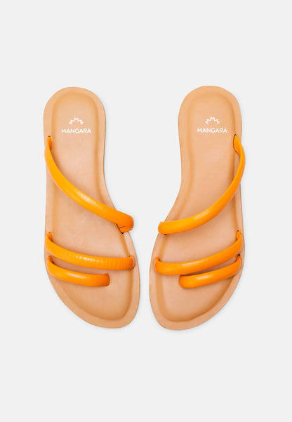 Cacau Orange Leather Three-Strap Slide Sandals – Flat