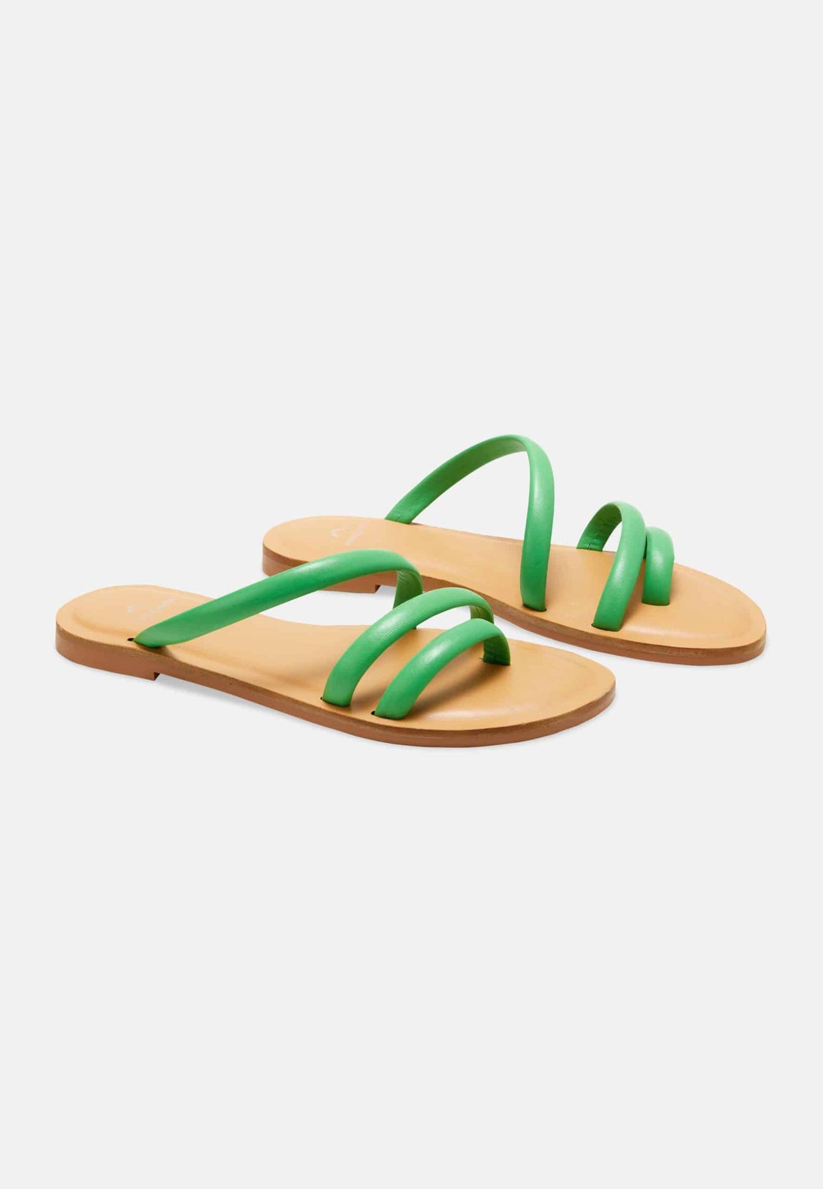 Cacau Green Leather Three-Strap Slide Sandals – Flat