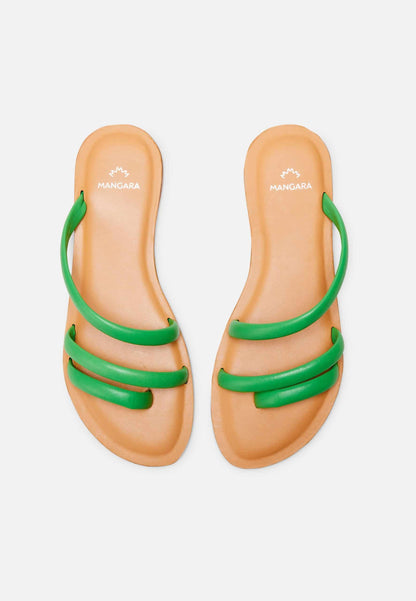 Cacau Green Leather Three-Strap Slide Sandals – Flat